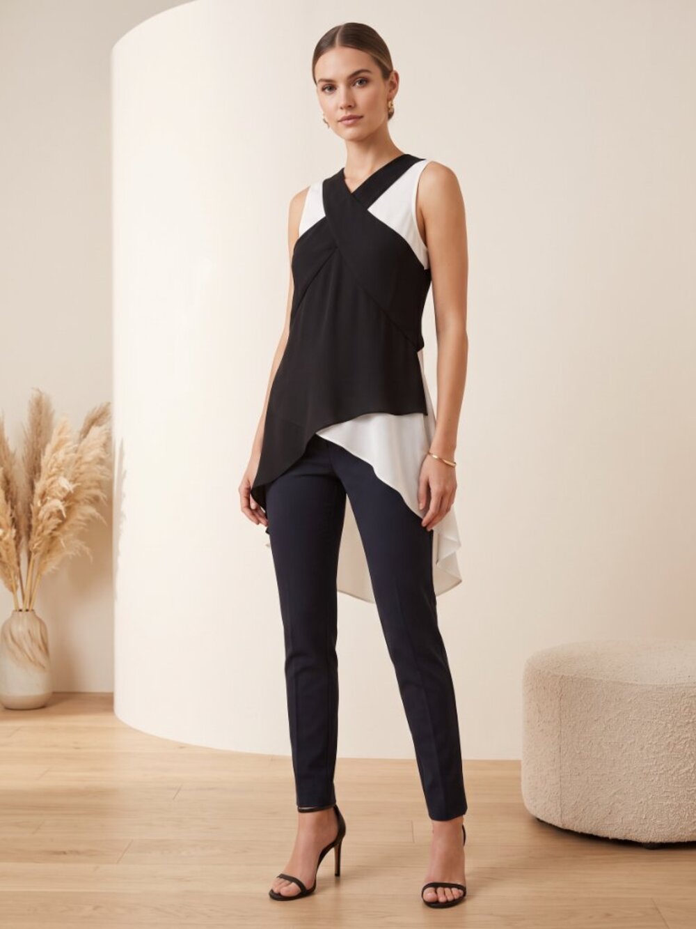 BCBGMaxAzria Black and White High-Low Sleeveless Top